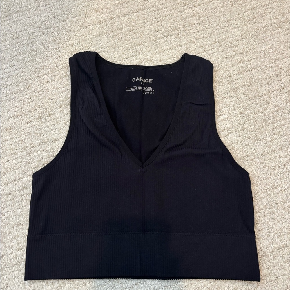 Garage Black V-Neck Ribbed Cropped Tank Top